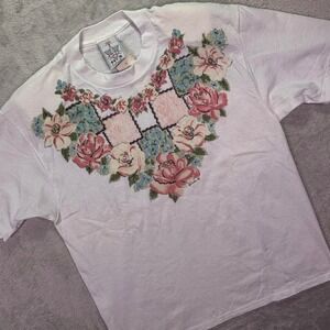 KWBL Women T-Shirt Sz L White Vintage 1992 Floral Pearl Glitter Made in USA
